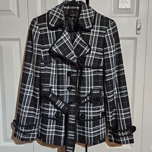 Nine West Plaid Blazer Jacket Like New | B&W with Blue Sparkly Accent Size 8